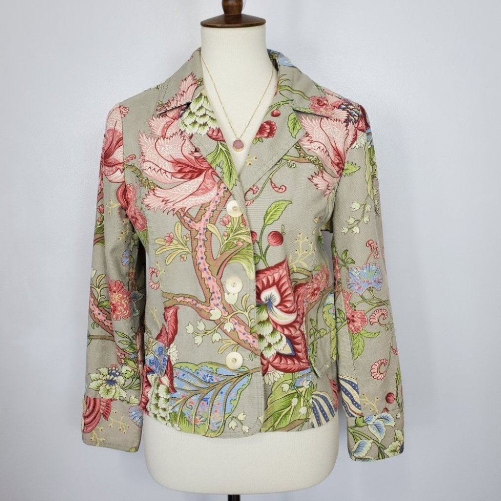 Coldwater Creek Grandmacore Floral Button Front Cotton Blazer Jacket Size SP